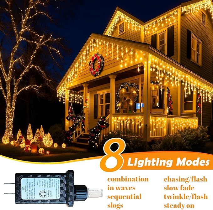 131FT 1280 LED Icicle Outdoor String Lights Warm White- Waterproof Christmas Curtain Lights, 11 Modes Twinkle Function for Patio, Wedding, Holiday, Party Decorations
