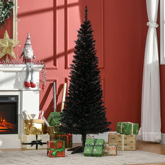 HOMCOM 5' Artificial Pencil Christmas Tree, Slim Xmas Tree with 294 Realistic Branch Tips and Plastic Stand, Black