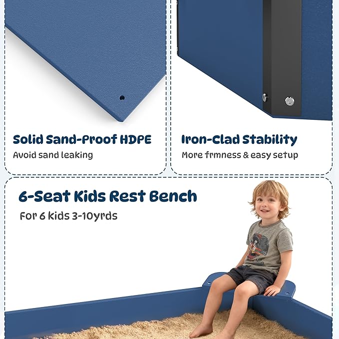 FOOWIN Hexagonal Outdoor Sandbox with Cover for Kids, HDPE Large Sandpit w/6 Benches, for Aged 3-12 Years Old, Sand Box for Children, Bottom Liner,Blue