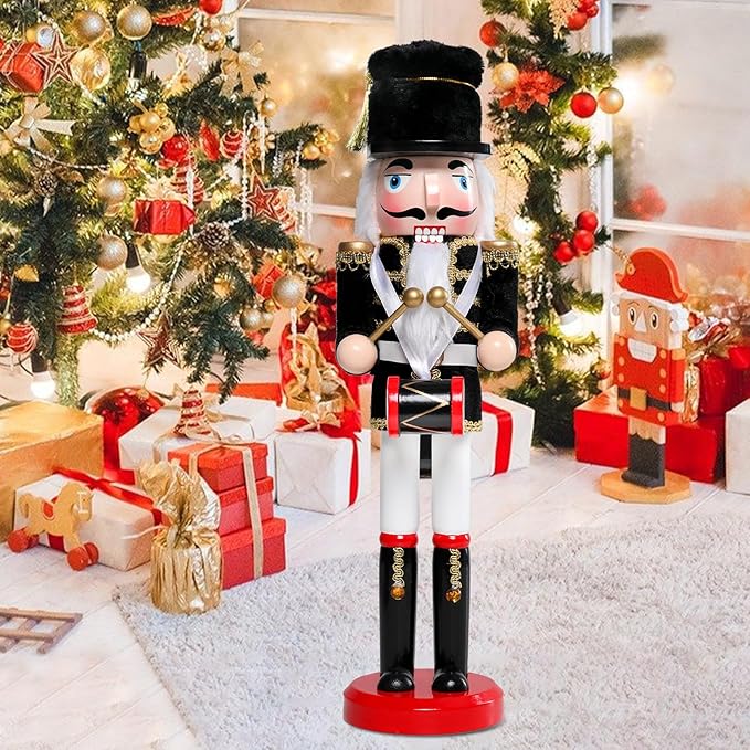 Christmas Nutcracker Decorations Nutcracker Figure 15 Inch Wooden Nutcrackers Collectible Ornament Nutcrackers Soldier for Table Desktop Home Christmas Decor Xmas Indoor Decor Black Hat beat a drum
