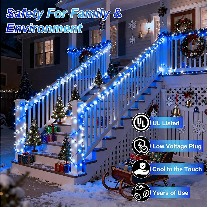 340 LED 90FT Christmas String Lights Outdoor, 12 Pro Modes and Timer Memory & Brightness, Plug in Waterproof Dark Green Wire Twinkle Light for for Xmas Yard Tree Wedding Party Decor (Blue & White)