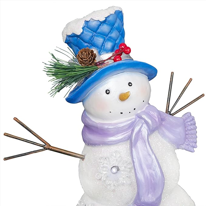 Alpine Corporation 14”H Lavender Winter "Let It Snow" Snowman Statue with Fading LED Lights, Christmas Decor