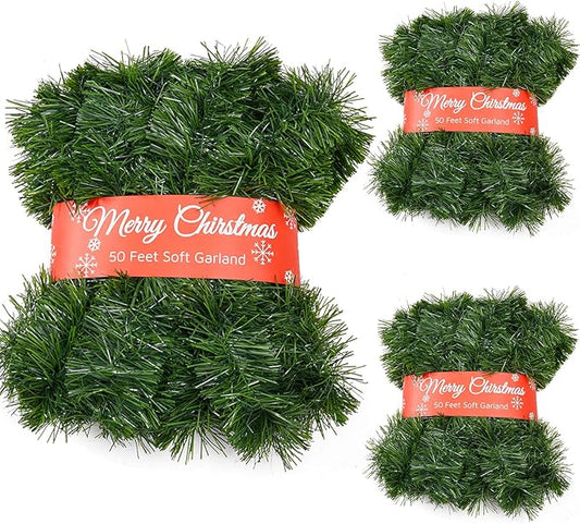 Zhuqing 3 Pack 50 Feet Green Plastic Soft Artificial Christmas Garland for Indoor/Outdoor Decoration