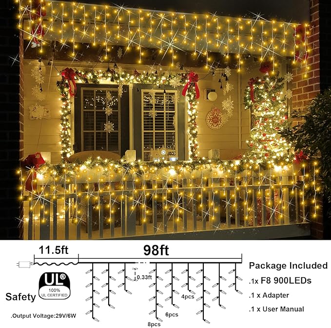 Christmas Lights Outdoor, 98FT 900LED Ice Lights for Outside, Ice String Lights with 8 Modes, Waterproof Timer Memory Hanging Light for Eaves Party Yard Garden(Warm White)
