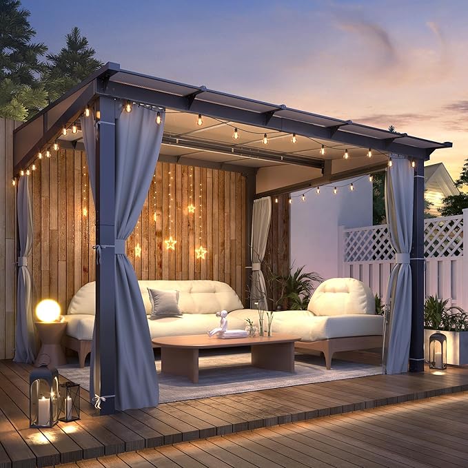 GARTOO 10’ x 10’ Gazebo for Patio - Aluminum Lean to Gazebos Pergola with Sloping Roof, Outdoor Wall-Mounted Canopy Awnings to House for Patio, Garden, Lawn, Backyard Deck