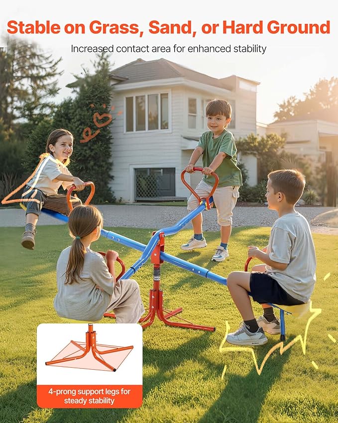 VEVOR Seesaw Teeter Totter for Kids, 110 lbs Load Capacity per Seat, Sit and Spin Teeter Totter with 4-prong Support Legs, Playground Equipment with Swiveling 360 Degrees Rotating for Aged 3+, 4 Seats