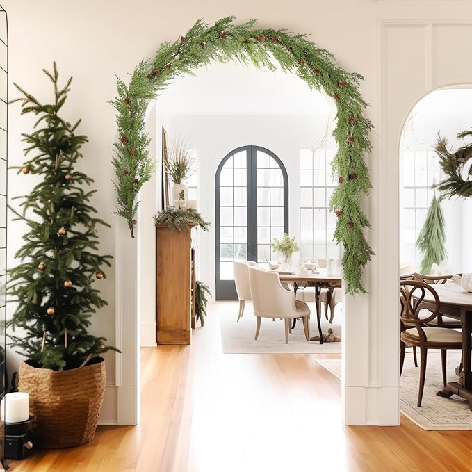 WBHome Real Touch Cypress Cedar & Pine Cone Evergreen Garland for Christmas Holiday Seasonal Outdoor/Indoor Home Decor, 9FT Long