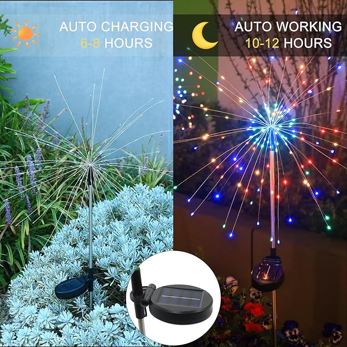 Solar Garden Firework Lights Outdoor Waterproof, 2 Pack Solar Lighting with 8 Lighting Modes , 120 LED Sparklers String Lights for Outside Decor Yard Pathway Halloween Decorations(Colorful)