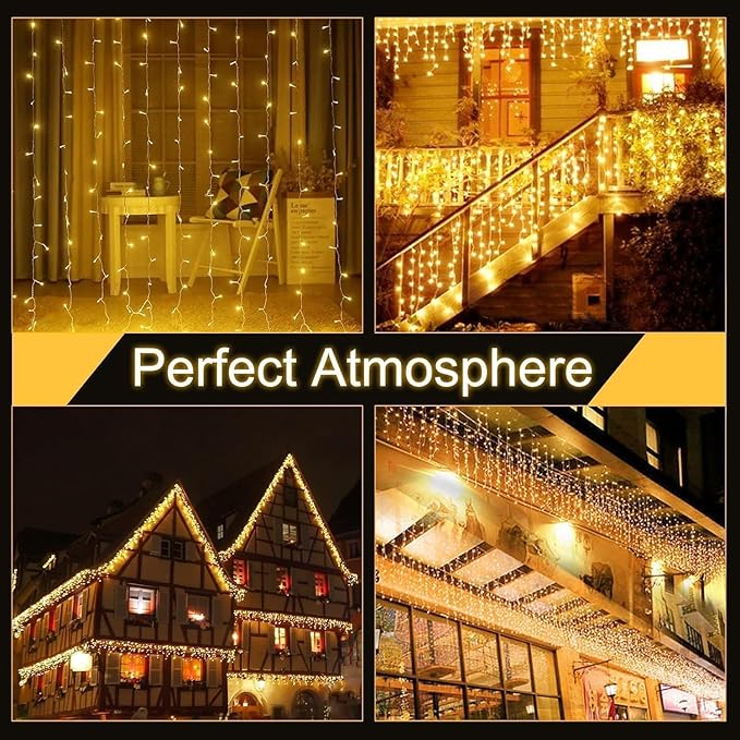 33FT Icicle String Lights (Warm White and Cool White) for Outdoor 352 LED 11 Modes Christmas Decorations Curtain Fairy String Lights with 64 Drops Remote Control for Wedding Party Holiday Decor