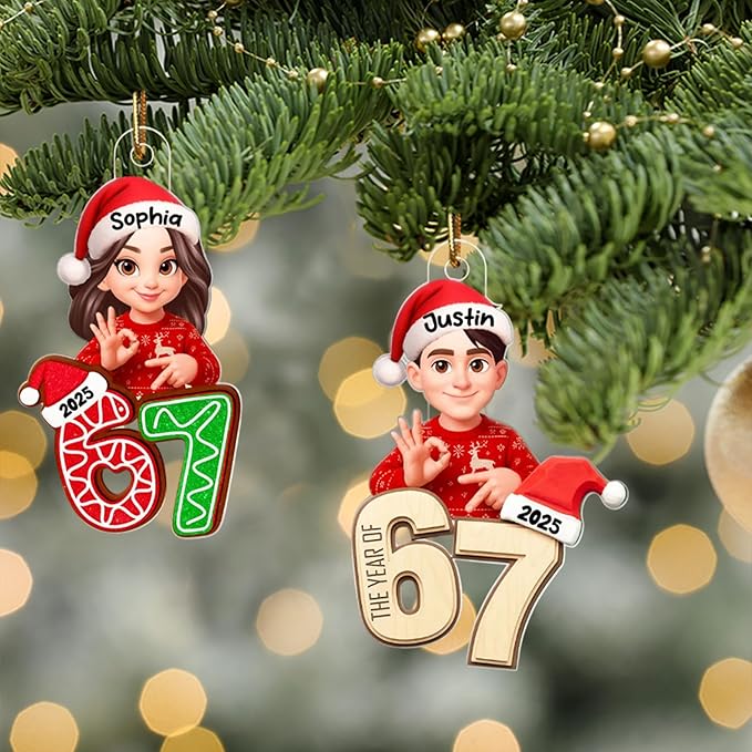 Paraeva Custom 67 Ornament 2025, Custom Name Funny Gen Z Meme Decoration, Viral Six Seven Christmas Ornament with Santa Hat, Acrylic Ornaments for Teens, Gifts for Christmas 4