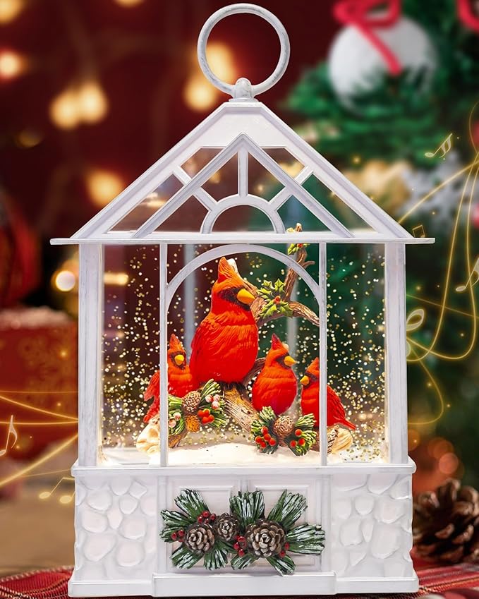Christmas Cardinal Snow Globe Light up Lantern with 8 Songs, 9.84" White Christmas Snow Globes for Kids Adults, 6H Timer & Dual Power, Snowglobes Christmas Decorations Indoor, Gifts for Women Men