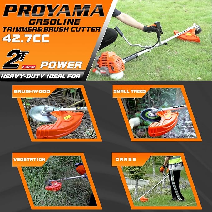 PROYAMA 42.7cc Gas Weed Wacker, 3 in 1 Heavy Duty Weed Eater Gas Powered, Brush Cutter and 2-Cycle String Trimmer Machine with Metal Blades for Lawn Care, 5 Year Warranty Gearbox
