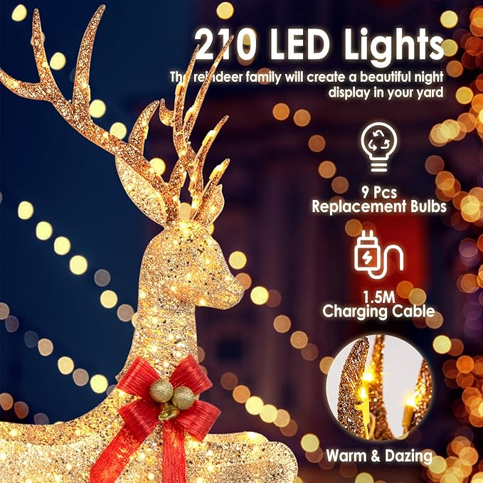 NALONE 3 PC Lighted Reindeer Family Set, 3D Large Christmas Deer Decoration for Outdoor Yard with 210 Warm White LED Lights, Xmas Deers for Outside with Stakes, Bow Ties