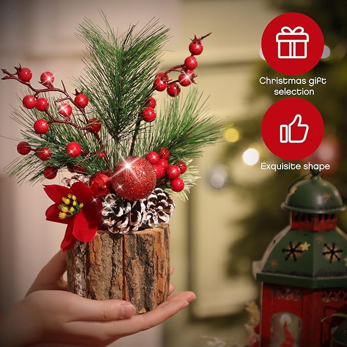3 Pcs 11 Inch Christmas Tree Tabletop Artificial Mini Christmas Tree Decorations with Holiday Ornaments Pine Cone Berry Farmhouse for Fireplace Home Indoor Decor (Poinsettia)