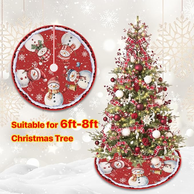 48 Inch Snowman Christmas Tree Skirt – Holiday Tree Mat for 6 to 7.5 Ft Trees, Durable & Soft Christmas Decorations for Home, Living Room, Party, Winter Holiday Decor