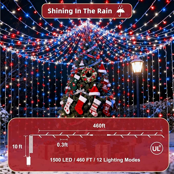 470ft Outdoor Christmas Lights, 1500 LED Super Long String Lights 12 Modes & Timer Memory, Dimmable Waterproof Light Strings for Xmas Tree Garden Wedding Party Holiday Decorations Red White & Blue