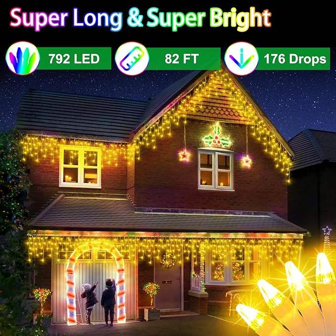 82ft 792 LED 176 Drops Christmas Lights, Outdoor Hanging lights with 8 Modes and Timer Memory, Plug In Outside Waterproof Curtain String Lights for House Fence Tree Holiday Decorations (Warm White)