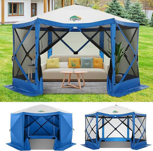 COBIZI 12x12 Pop up Canopy Tent, Gazebos on clearance with 5 removable sidewalls & mosquito net for Camping, Outdoor patio screened gazebo, Portable Hub Tent with Carrying Bag & Stakes, Blue(Upgraded)