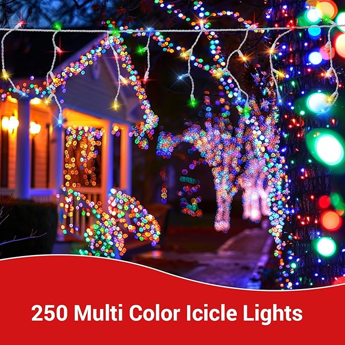 New One Multicolor Icicle Lights with 2 Cord Reels, 2 Pack Totalling 93.4FT, 240 Drops 500 LED Connectable Christmas String Lights with White Wire, Holiday Party (46.7 FT 250 LED 120 Drops for 1 Pack)