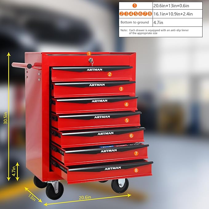 RYH 7 Drawers Rolling Tool Chest - Heavy Duty Mobile Tool Cart with Locking Wheels & Ball Bearing Drawers,30.5 H x 20.9 W x 13 D Garage Tool Storage Cabinet (Red, 7 Drawers)