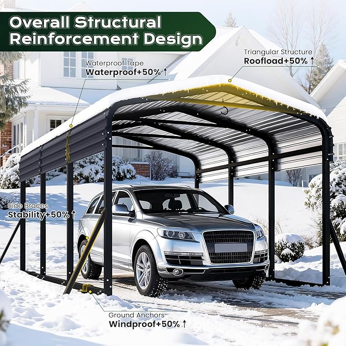 10x15FT Metal Carport, Heavy Duty Car Garage w/Reinforced Support Rods and Windproof Ground Anchors, All-Weather Multi-Use Outdoor Shelter for Car, Boats and Truck