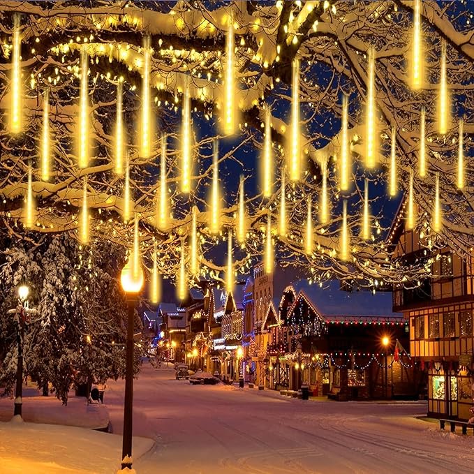 2-Pack Christmas Decorations Lights Outdoor, Total 384LED Meteor Shower Lights with Timer, 30cm 16 Tubes Indoor Outdoor Snow Cascading String Light for Xmas Tree Roof Party Garden Decor (Warm White)
