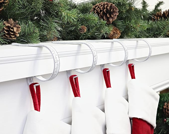 Haute Decor The Original MantleClip Stocking Holder with Holly Embossed Design- 4 Pack (Whitewash) - Christmas Stocking Hanger Adjusts to Fit Various Mantel Styles