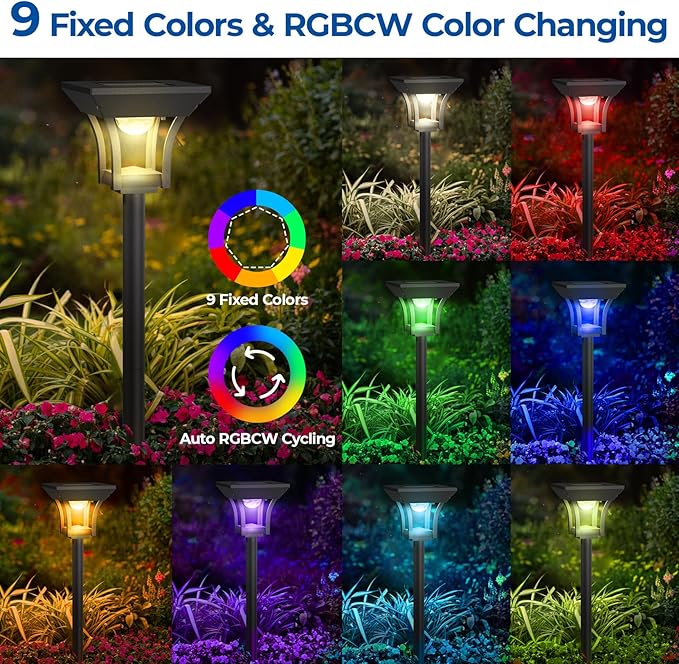 CINOTON 2 Pack RGBCW Solar Pathway Outdoor Lights, 3 Lighting Modes Solar LED Garden Light, IP65 Waterproof Outside Solar Powered Landscape Lighting for Patio Walkway Yard Driveway RGB/Warm/Cold White