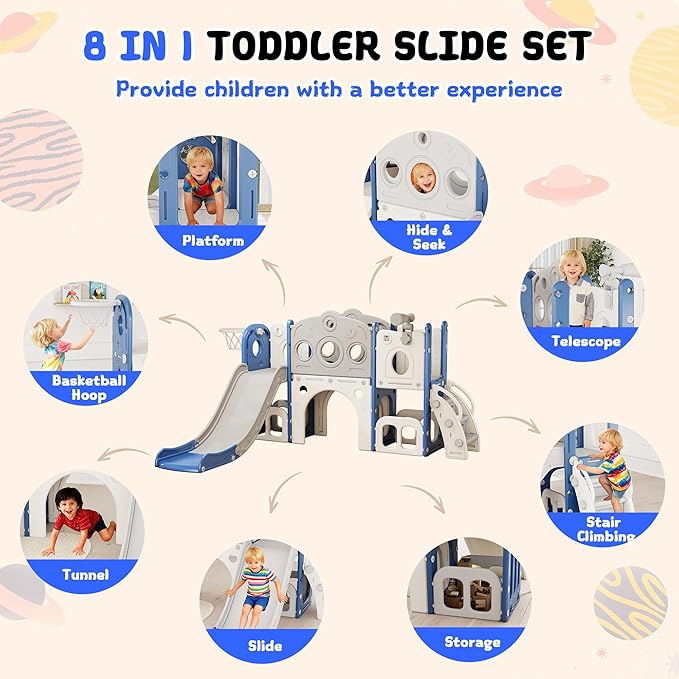 8 in 1 Toddler Slide, Outdoor Indoor Playset for Kids Baby Age 1 2 3, Childs Climber Slide with Storage Space and Non-Slip Steps, Basketball Hoopa and Telescope, Blue & White