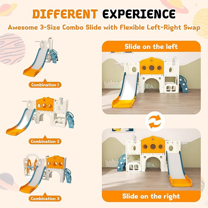 8 in 1 Toddler Slide, Outdoor Indoor Playset for Kids Baby Age 1 2 3, Childs Climber Slide with Storage Space and Non-Slip Steps, Basketball Hoopa and Telescope, Yellow & Green