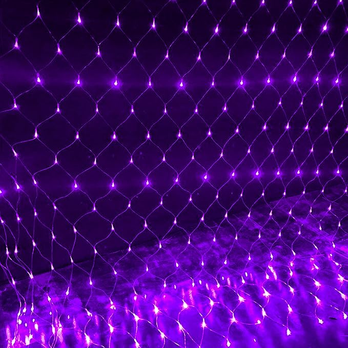 Dazzle Bright Halloween 200 LED Net Lights, 9.8 FT x 6.6 FT Connectable Mesh Lights Clear Wire with 8 Lighting Modes, Halloween Decorations for Indoor Outdoor Bush Yard Garden Decor (Purple)