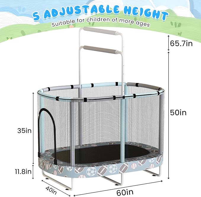 LAMERGE 55" 7-in-1 Round Trampoline for Kids Boys & Girls Ages 1-8, Indoor & Outdoor Trampoline for Fun, Adjustable Height Handrail ＆ Enclosed Safety Net ＆ Durable Designs for Toddlers Children