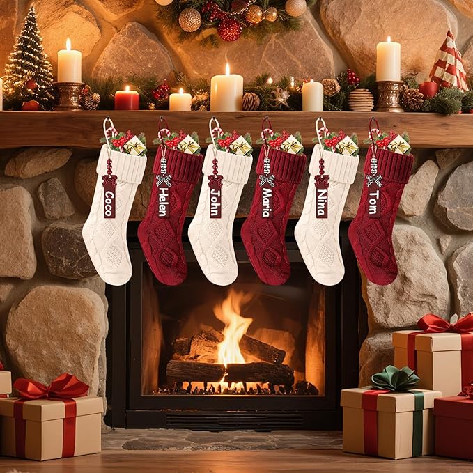Christmas Stockings 18 Inches,Long Knitted Stocking with Name Tags, Christmas Decoration Hanging Stockings Fireplace Xmas Tree Ornaments for Home Family
