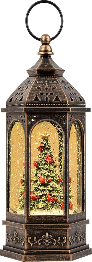 Christmas Snow Globe Lantern Water Glittering Christmas Tree with Cardinal, USB Lined/Battery Operated Lighted Lantern for Christmas Festival Decoration Gifts