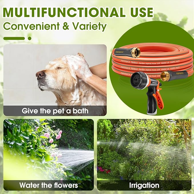 Heavy Duty Garden Hose ? 5/8 Inch Flexible, Lightweight Hybrid Hose with 600 PSI Burst Pressure, Swivel Handle, and Durable Copper Male/Female Fittings (Orange with hose sprayer, 25FT)