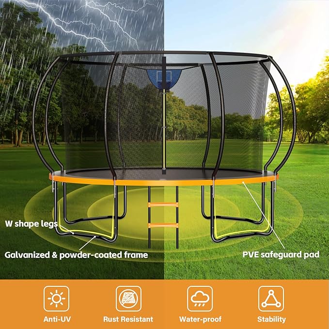8FT 10FT 12FT 14FT 16FT Trampoline Outdoor, Trampolines for Kids & Adults, Pumpkin Trampolines with Safety Net, Ladder, Coating Metal Frame, ASTM Approved Large Backyard Trampoline for Kids
