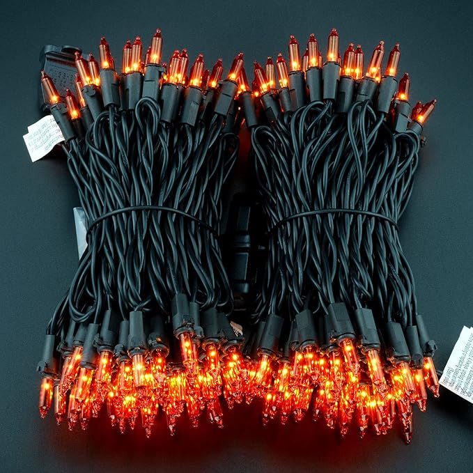 YULETIME 200 Orange String Lights with Black Wire, Pack of 2 Sets 33 ft 100 Count UL Certified Christmas String Lights (Orange)