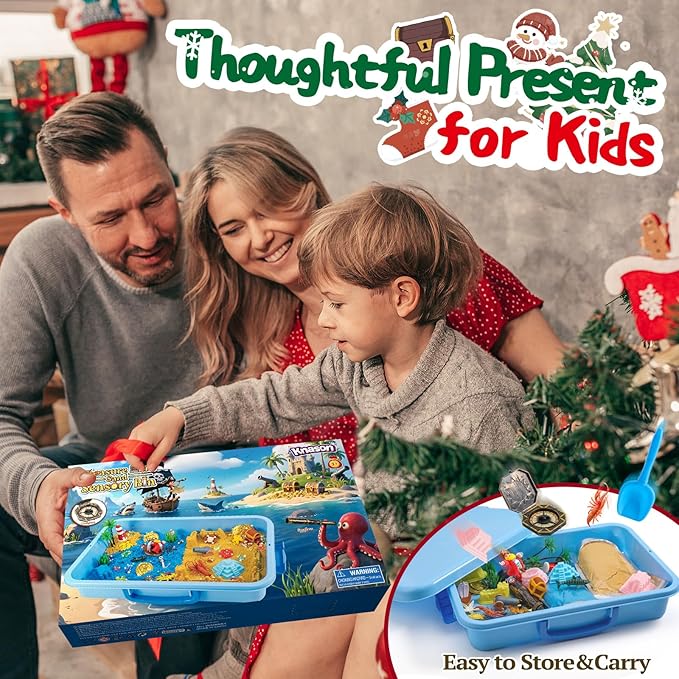 Pirate Treasure Chest Sensory Bin,Play Sand Kit for Boys with Pirate Accessories,2.2lbs Sand,Glow in The Dark Gems and Map,Pretend Play Adventure Sensory Toys for Toddlers Kids Ages 3 4 5 6 7 8
