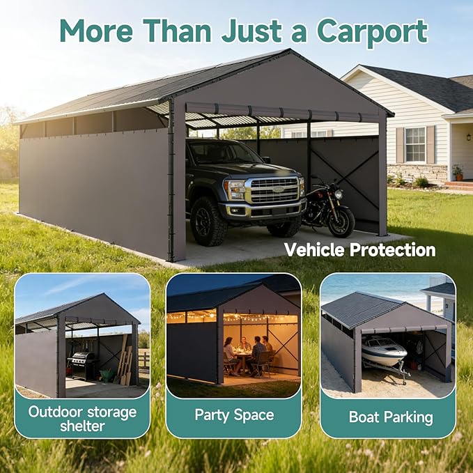 Redlife 11x21 FT Metal Carport, Heavy Duty Steel Frame Garage Shelter with Sloped Metal Roof, 3-Layer 201D Oxford Fabric Sidewalls, UV & Snow Resistant Outdoor Car Canopy for Cars, Trucks & Boats