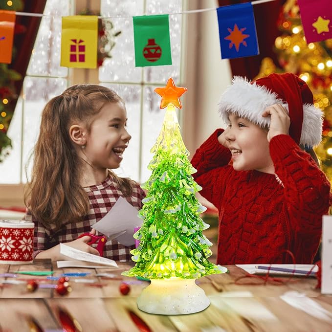 Small Christmas Tree Green Acrylic Tree with Timer 8 Inch Tabletop Christmas Tree with LED Lights Vintage Christmas Decoration Battery Operated Mini Green