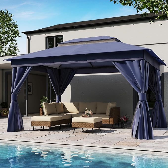 LAUSAINT HOME 10x13ft Outdoor Patio Gazebo with Double Roof, Heavy Duty Waterproof Gazebo Canopy Tent with Mosquito Netting for Backyard, Garden, Lawn & Wedding, Navy Blue