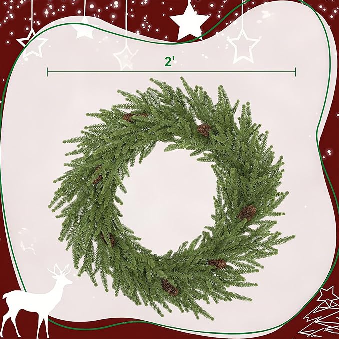 HOMCOM 24 inch Christmas Wreath with Pine Cones, Artificial Norfolk Pine Wreath with 88 Realistic Branches for Door, Wall, Window, Indoor Decoration, Green
