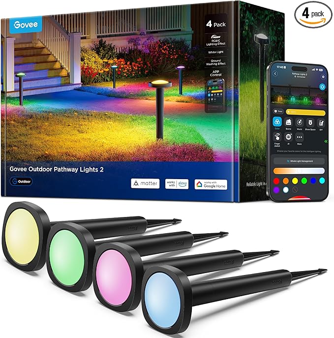 Govee Outdoor Pathway Lights 2, IP66 Waterproof Patio Lights, 60+ Scene Modes Landscape Lighting for Yard, Garage, Garden, Lawn, Outdoor Decor, Works with Alexa, Google Assistant, Matter, Wired 4 Pack