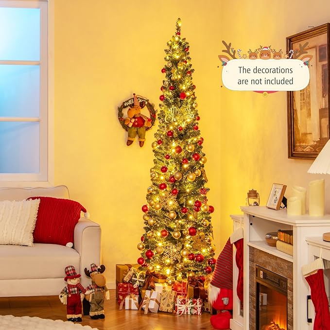 GOFLAME 7FT Prelit Pencil Christmas Tree, Slim Artificial Xmas Tree with 523 Memory Wire Branch Tips, 190 Warm White LED Lights & Upgraded Metal Stand, Seasonal Holiday Decoration Tree for Home Party