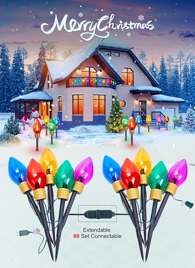 Christmas Lights Jumbo C9 Outdoor Lawn Decorations with Pathway Marker Stakes, 2 Pack 8.5 Feet String Lights Covered Jumbo Multicolored Light Bulb for Holiday Outside Yard Garden Decor, 10 Lights