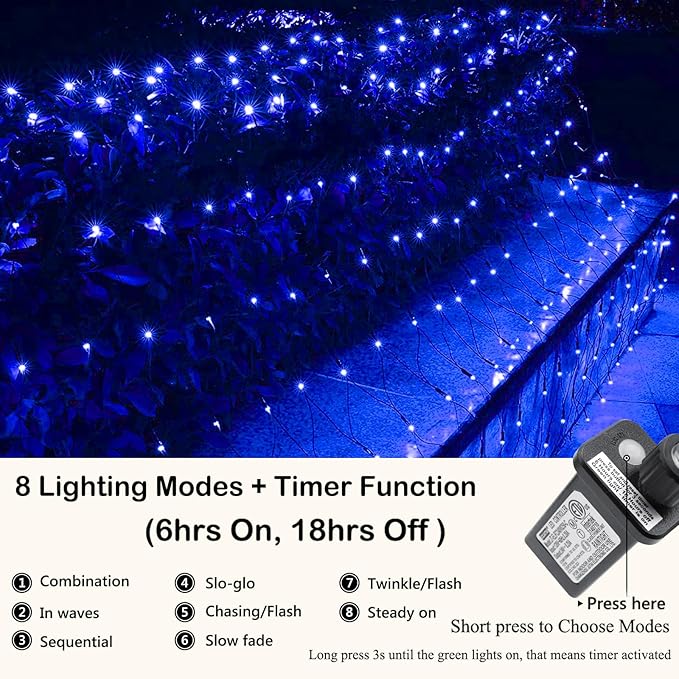 Joomer Christmas Net Lights - 12FT x 5FT 360 LED Plug-in Mesh Lights, Waterproof with 8 Modes, Timer, Connectable for Bushes, Trees, Garden, Outdoor Christmas Decor (Green Wire, Blue)
