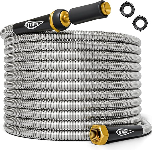 TITAN Garden Hose 30FT - 304 Stainless Steel Metal Water Hose, Flexible, Kink-Free, Lightweight, Durable, Crush Resistant Fittings, Easy to Coil, 500 PSI