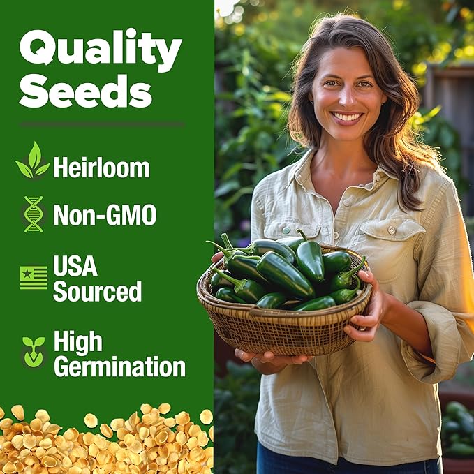 HOME GROWN 𝗨𝗦𝗔 𝗣𝗥𝗘𝗠𝗜𝗨𝗠 Jalapeno Pepper Seeds – 129 𝗡𝗢𝗡-𝗚?𝗢 Heirloom Seeds (Capsicum annuum) – High Germination, Easy to Grow, Early Harvest Hot Peppers