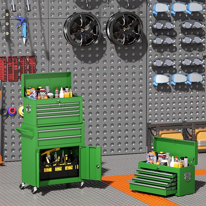 INTERGREAT 8-Drawers Rolling Tool Chest, Assembled Tool Chest with Wheels, Detachable Top Tool Box, Tool Cabinet for Repair Room,Warehouse, Rolling Tool Box with Hooks,Tray Divider,Liners(Green)