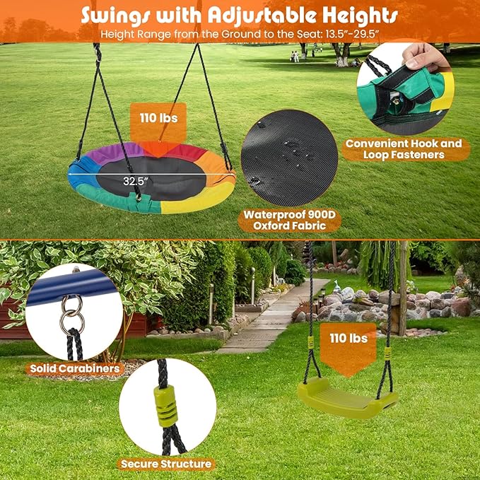 Costzon Swing Sets for Backyard, 4-in-1 Heavy Duty Large Metal Swing Frame w/2 Adjustable Swings, Slide, Basketball Hoop, Play Equipment for Indoor Outdoor, Gift for Kids